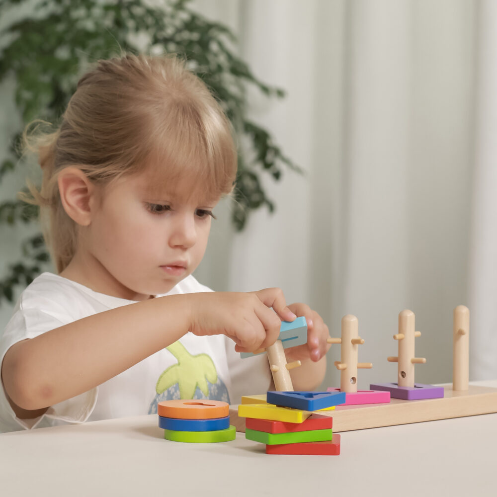 Drewniane klocki z sorterem kształtów Montessori