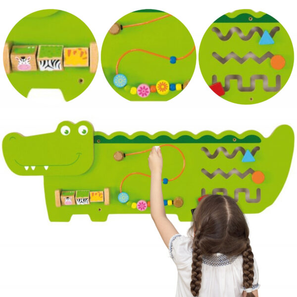 pinobambino-Tablica Edukacyjna Manipulacyjna Sensoryczna Drewniana Krokodyl Certyfikat FSC Montessori