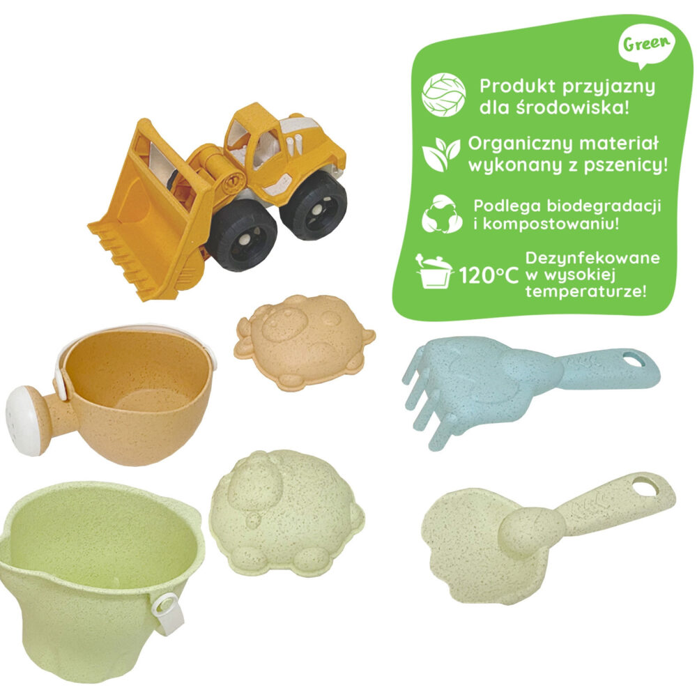 Zestaw do Piasku + Koparka w Wiaderku 7 el. BIODEGRADOWALNY ORGANICZNY MATERIAŁ