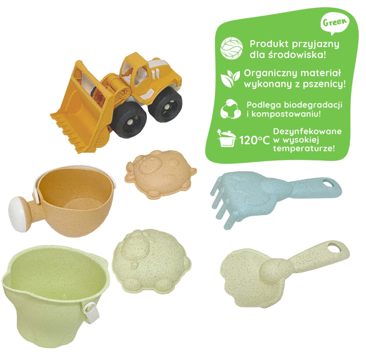 Zestaw do Piasku + Koparka w Wiaderku 7 el. BIODEGRADOWALNY ORGANICZNY MATERIAŁ